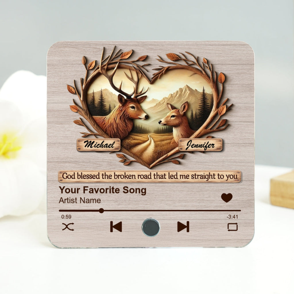 God Blessed The Broken Road Deer Couple Favorite Song Personalized Music Fridge Magnet, Valentine's Gift For Her, Gift For Him